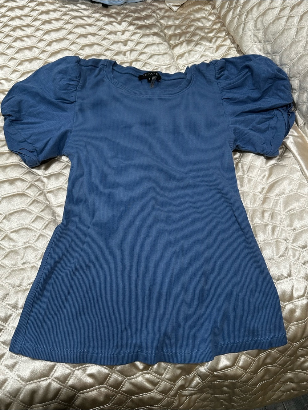 STATE Short Sleeve Puff Ribbed Tee in Blue